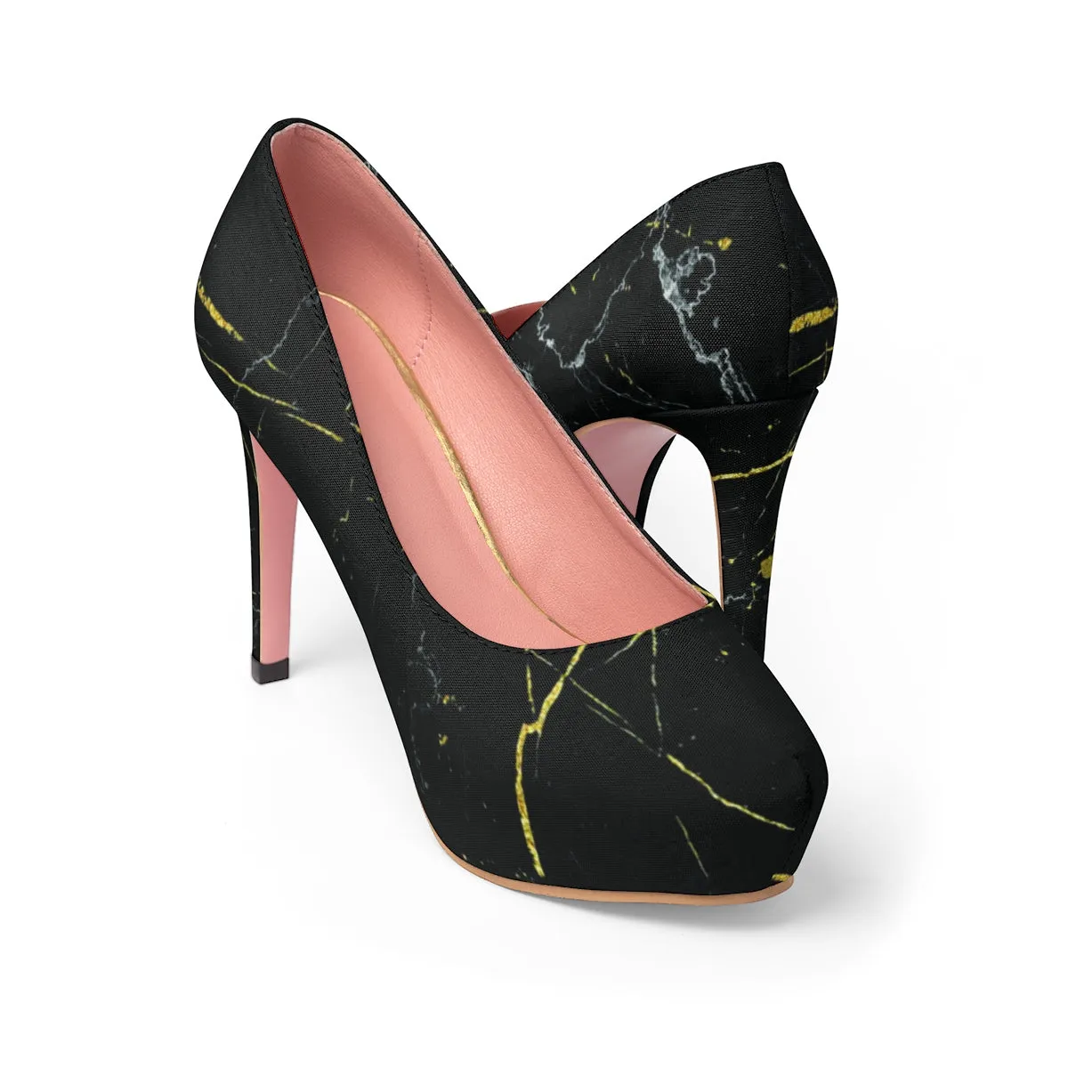 Black Marble Print Women's Heels, Premium Women's Platform Heels Stiletto Pumps