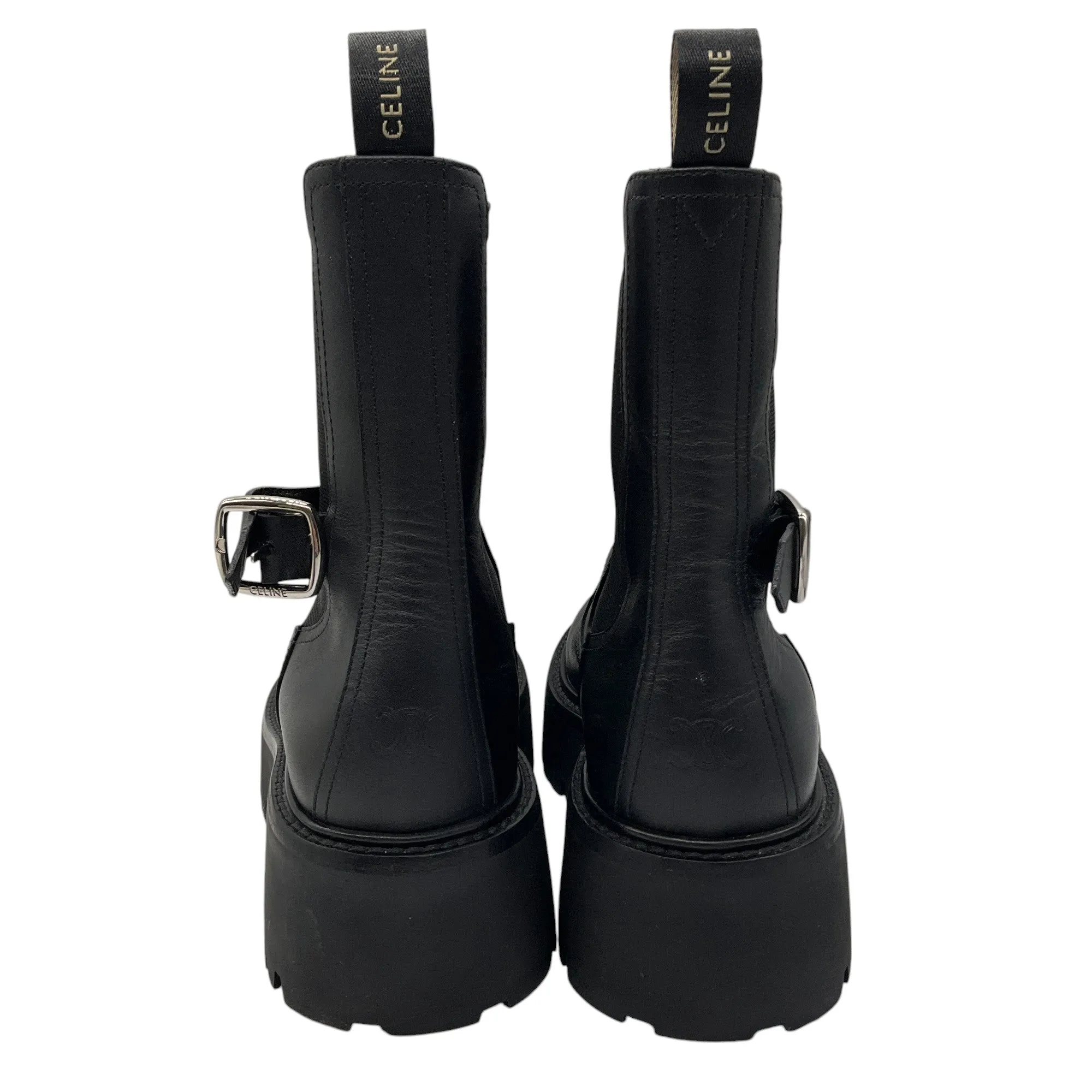 Celine Black 2022 Bulky Buckle Detail Calfskin Leather Biker Boots