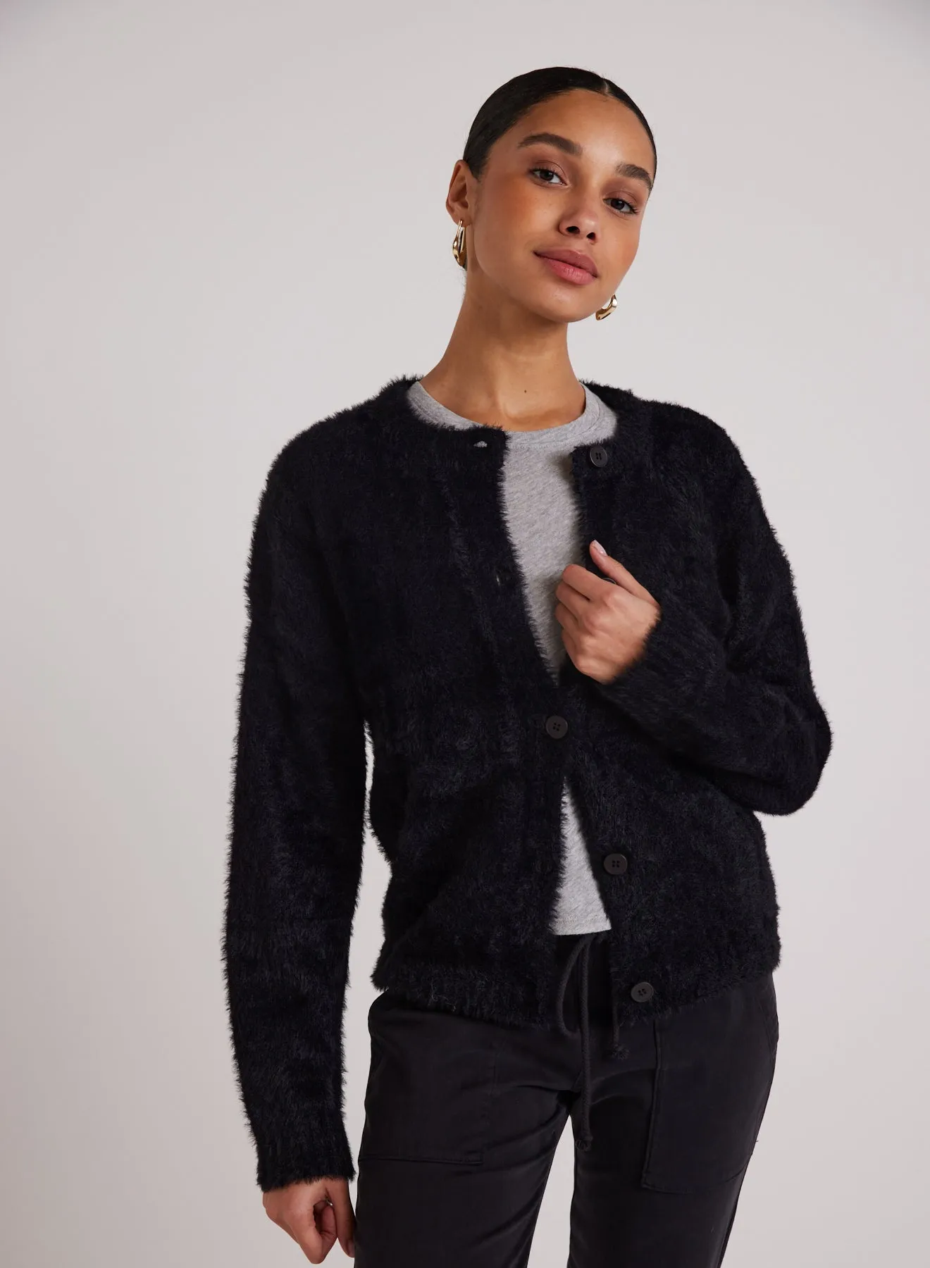 Fuzzy Crew Neck Cardigan - Black