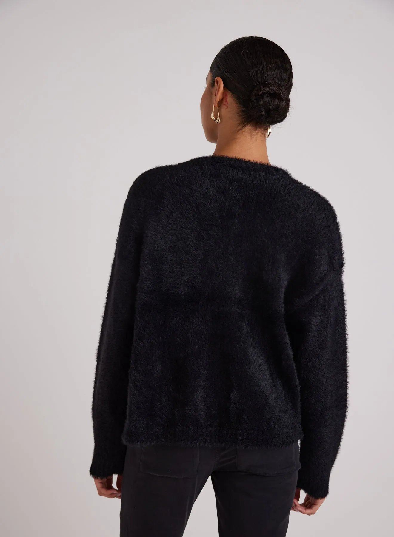 Fuzzy Crew Neck Cardigan - Black