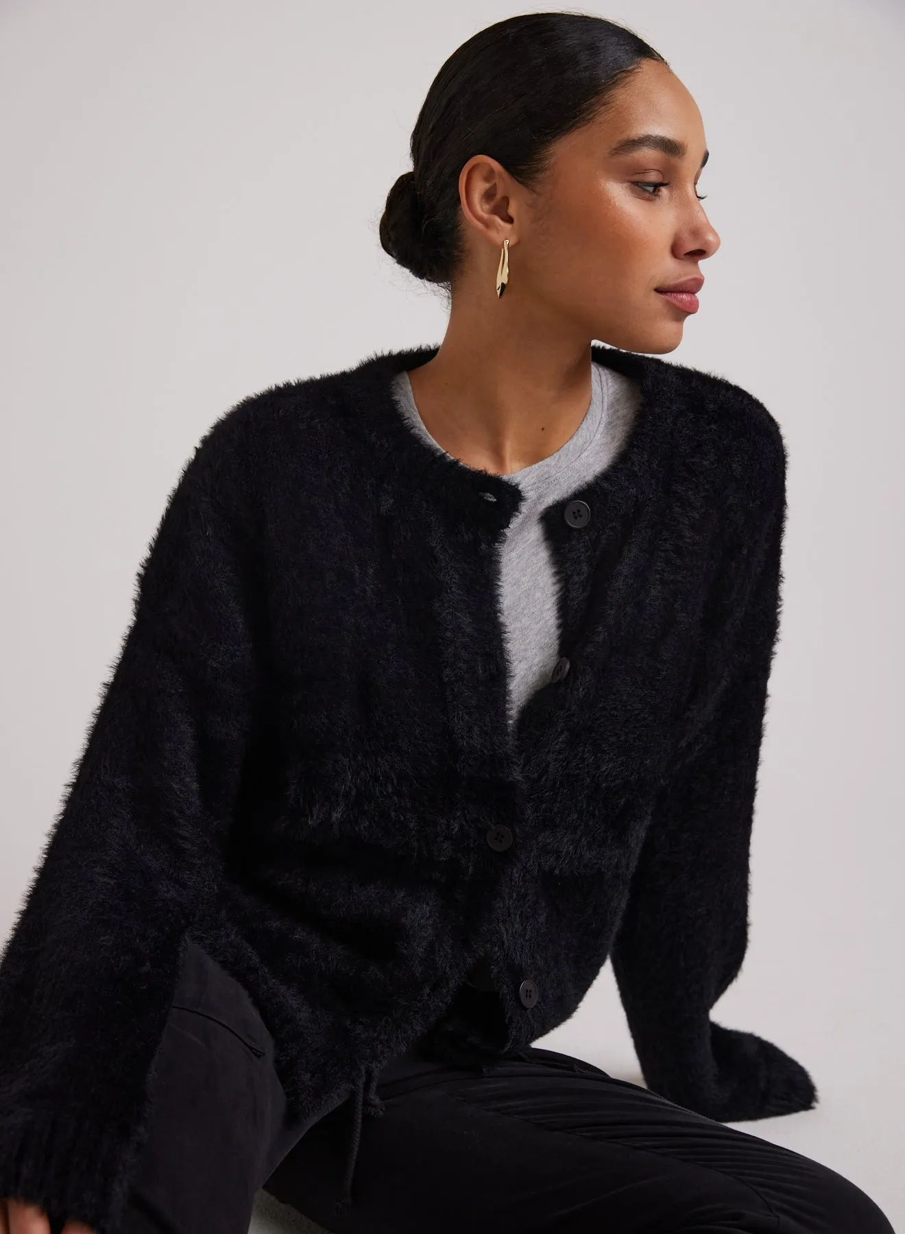 Fuzzy Crew Neck Cardigan - Black