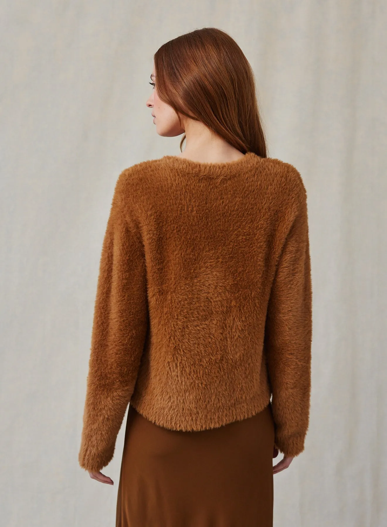 Fuzzy Crew Neck Cardigan- Twilight Gold