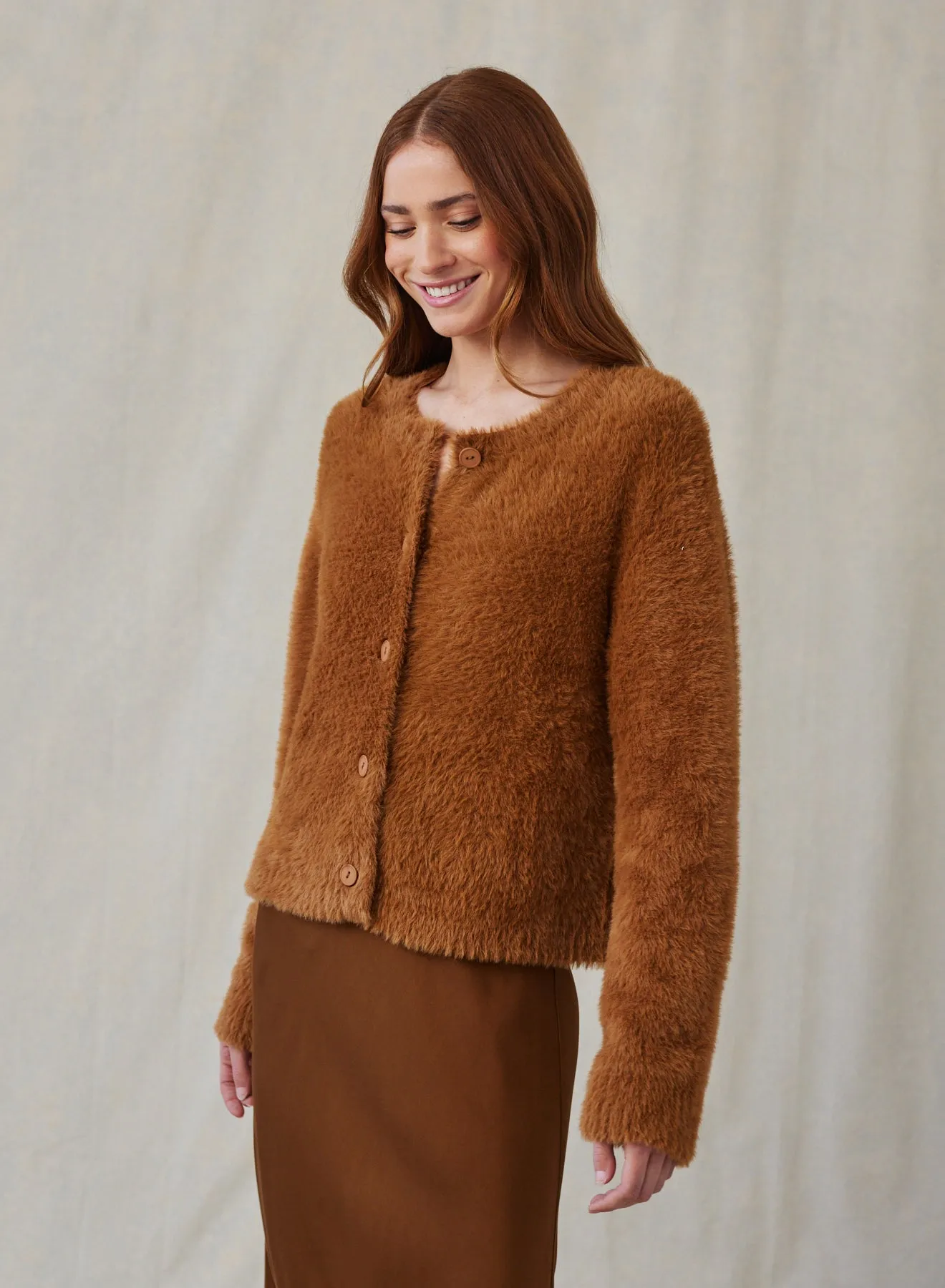 Fuzzy Crew Neck Cardigan- Twilight Gold