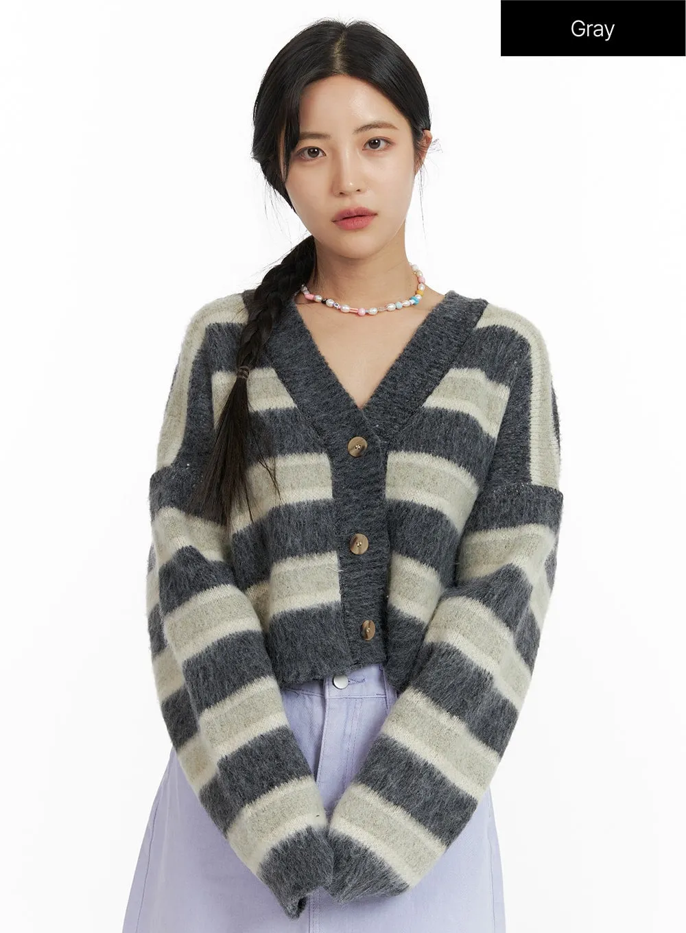 Fuzzy Stripe V-Neck Crop Cardigan OF419