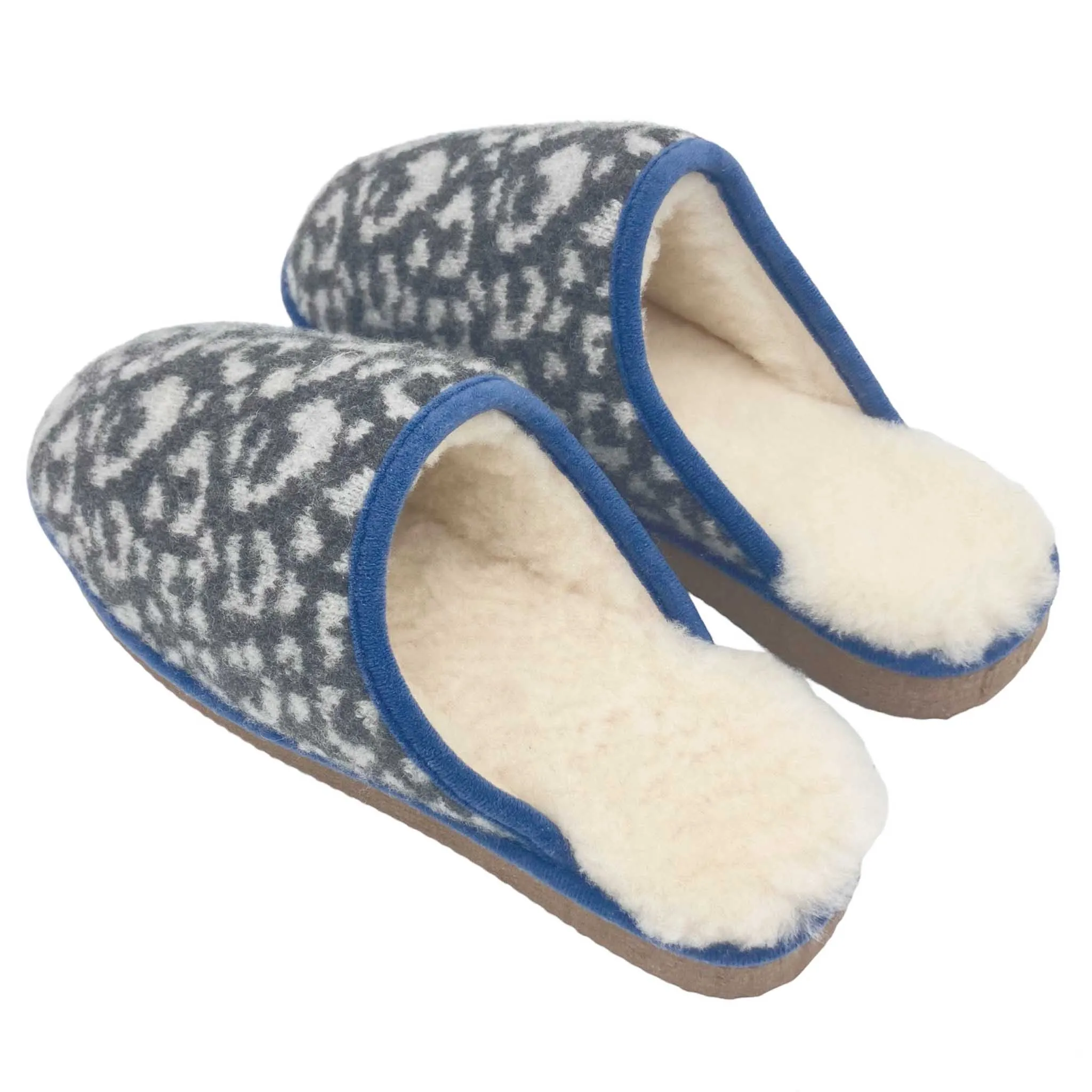 Grey Leopard Lambswool & Sheepskin Slippers - SMALL & LARGE ONLY