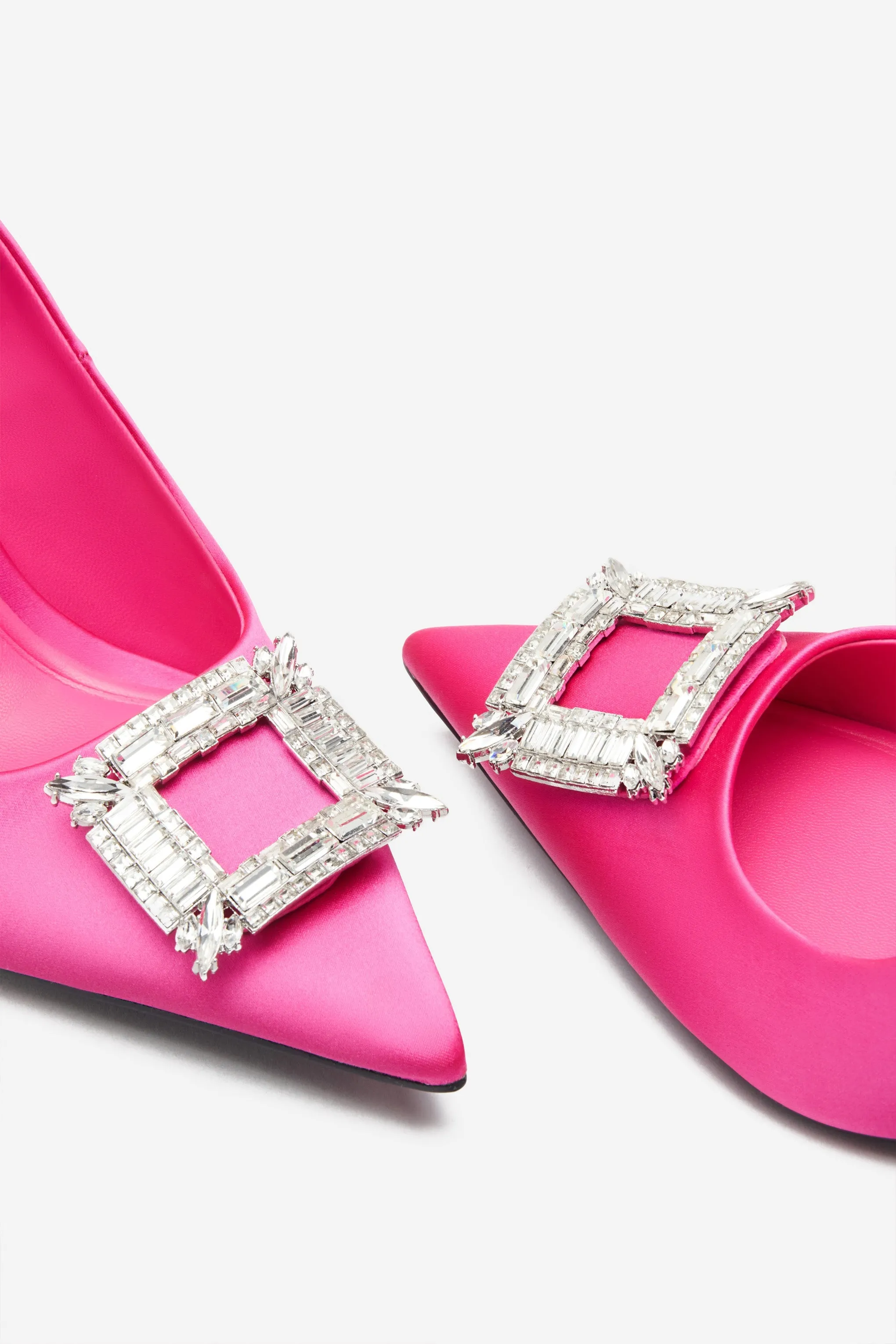 Lawless | Hot Pink Satin Pointed Court Heels With Diamante Brooches