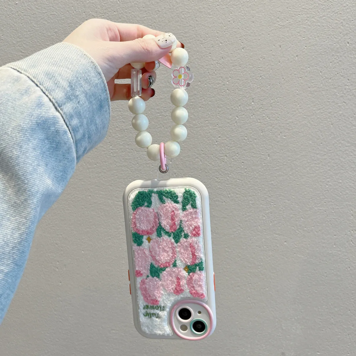 Plush embroidered tulip phone case