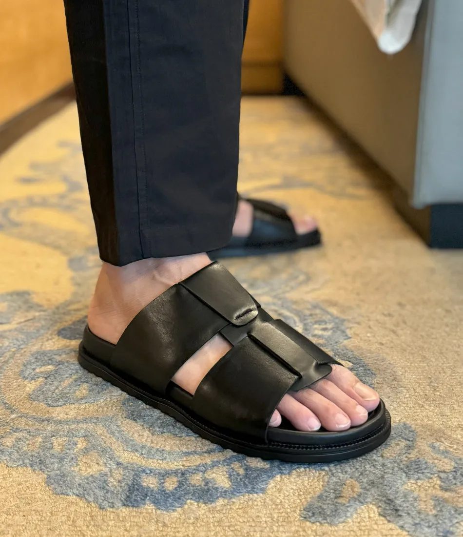 Roma Leather Slippers - Black