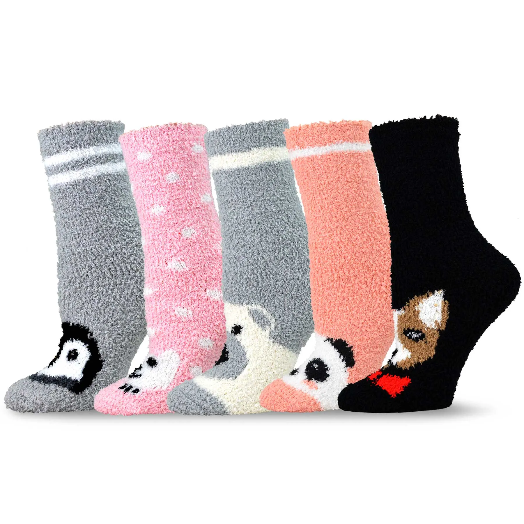 TeeHee Socks Women's Fuzzy Polyester Crew Animal 5-Pack (18003)